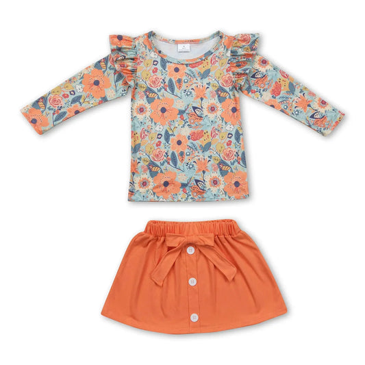 Blue & Orange Floral Top & Skirt Set