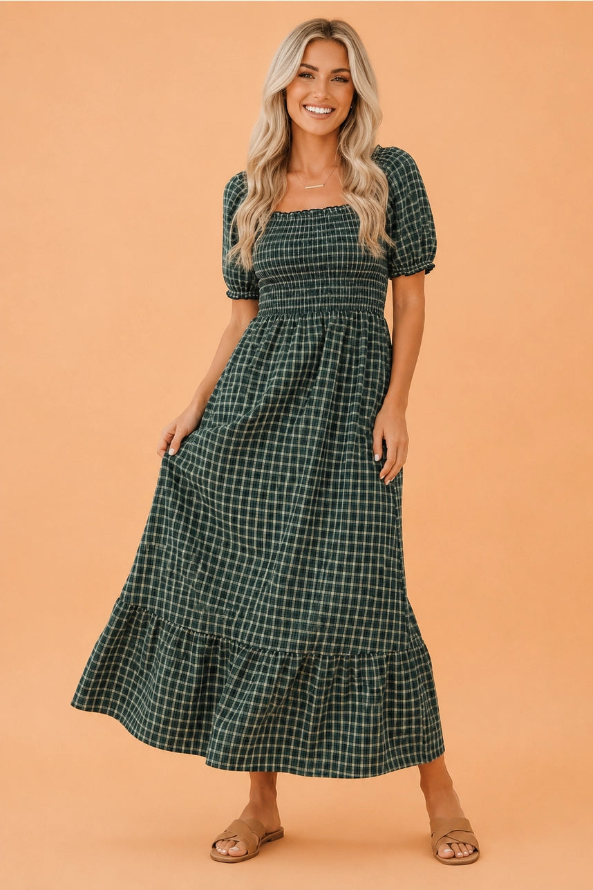 Green Plaid Square Neck Ruffle Hem Dress