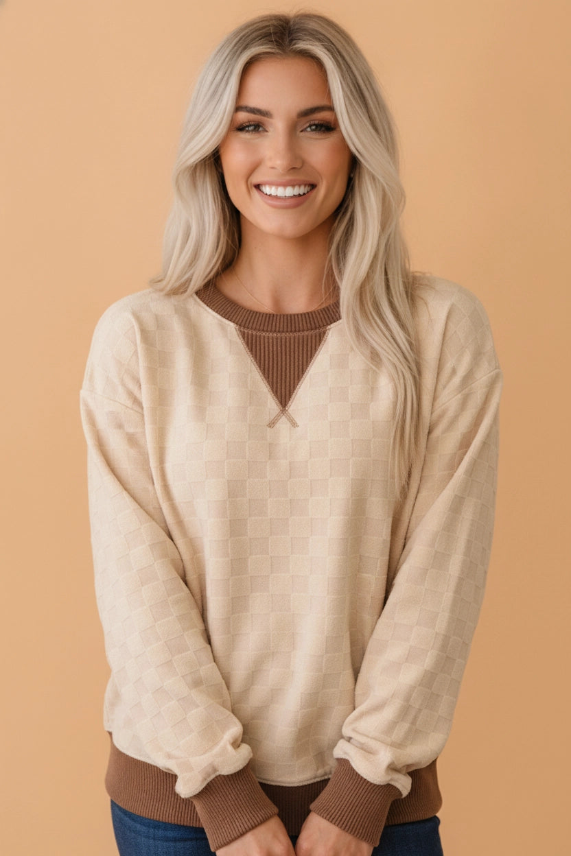 Checker Corded Knit Long Sleeve Top