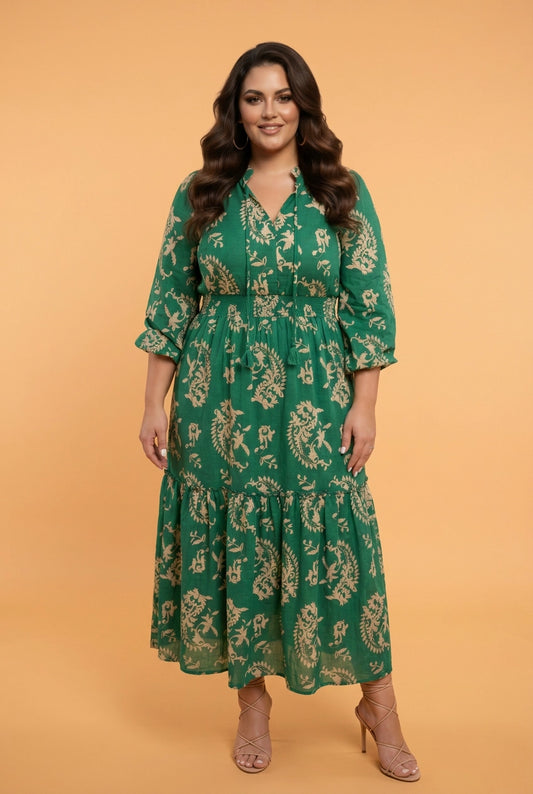 Green & Gold Floral Puff Sleeve Midi Dress - Curvy