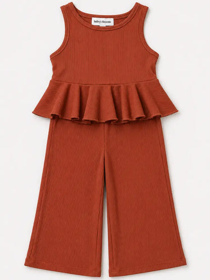 Copper Ember Peplum Two-Piece Wide Leg Set