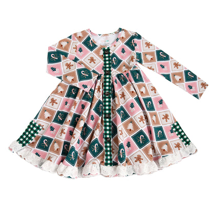 Pearl Print - Button Lace Ruffle Dress