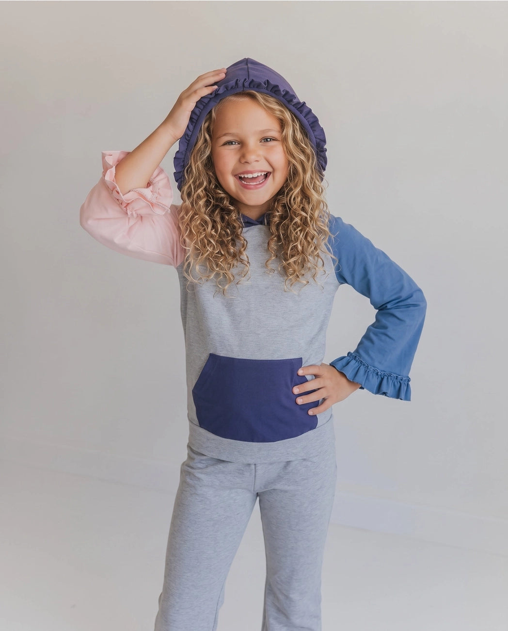 Rosy Gray Hooded Ruffle Pocket Lounge Set