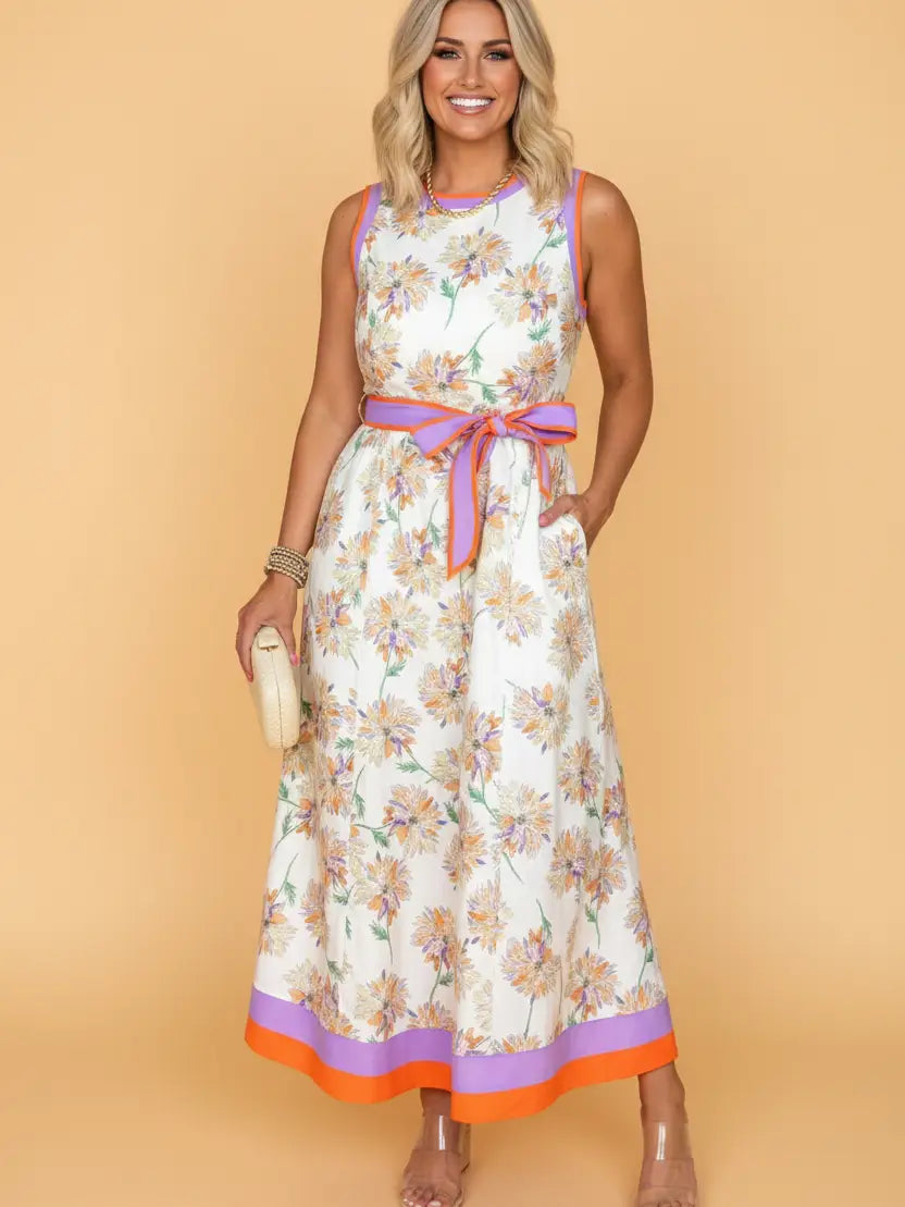Purple Floral Colorblock Trim Belted Maxi Dress