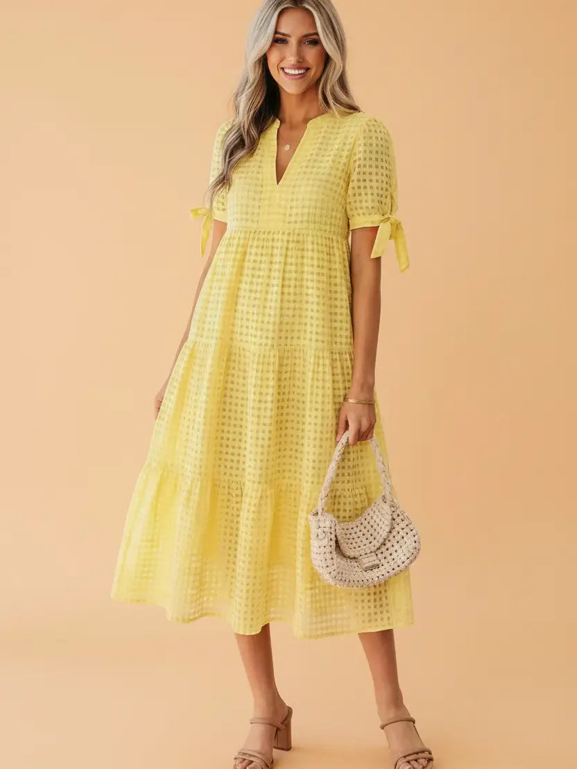 Yellow Textured Gingham Midi Dress