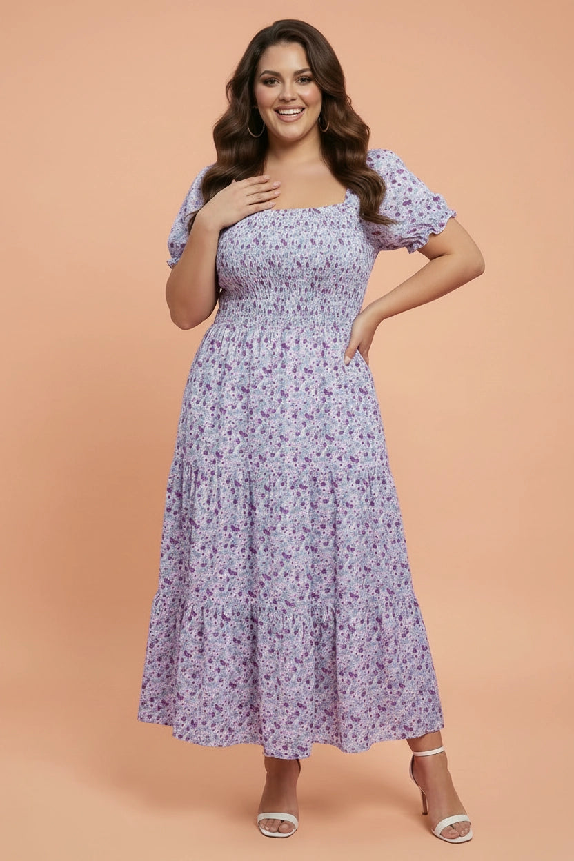 Purple Floral Smocked Maxi Dress - Curvy