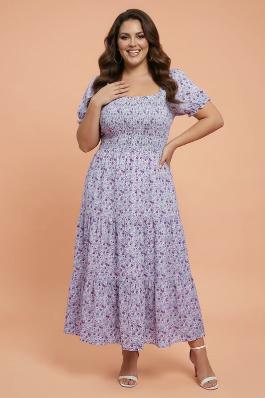 Purple Floral Smocked Maxi Dress - Curvy