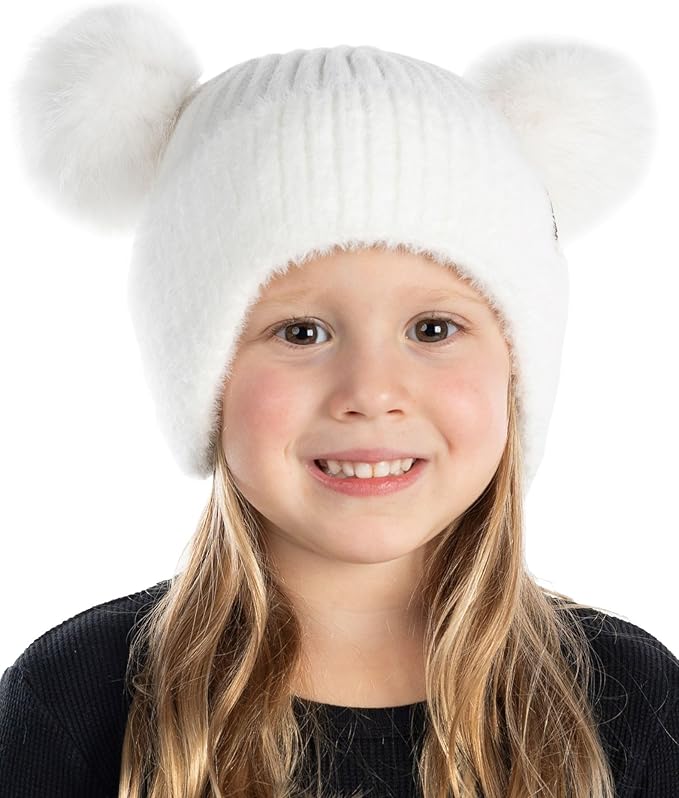 Toddler/Kids Double Pom Chenille Earflap Beanie - White