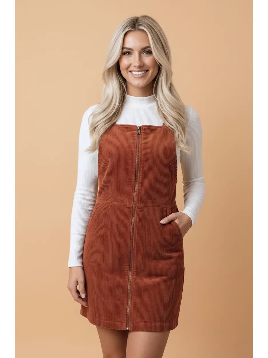 Corduroy Zip-Up Pocketed Dress