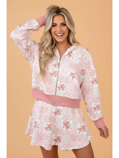 Pink Floral Patchwork Zip Up Hoodie & Skort Set