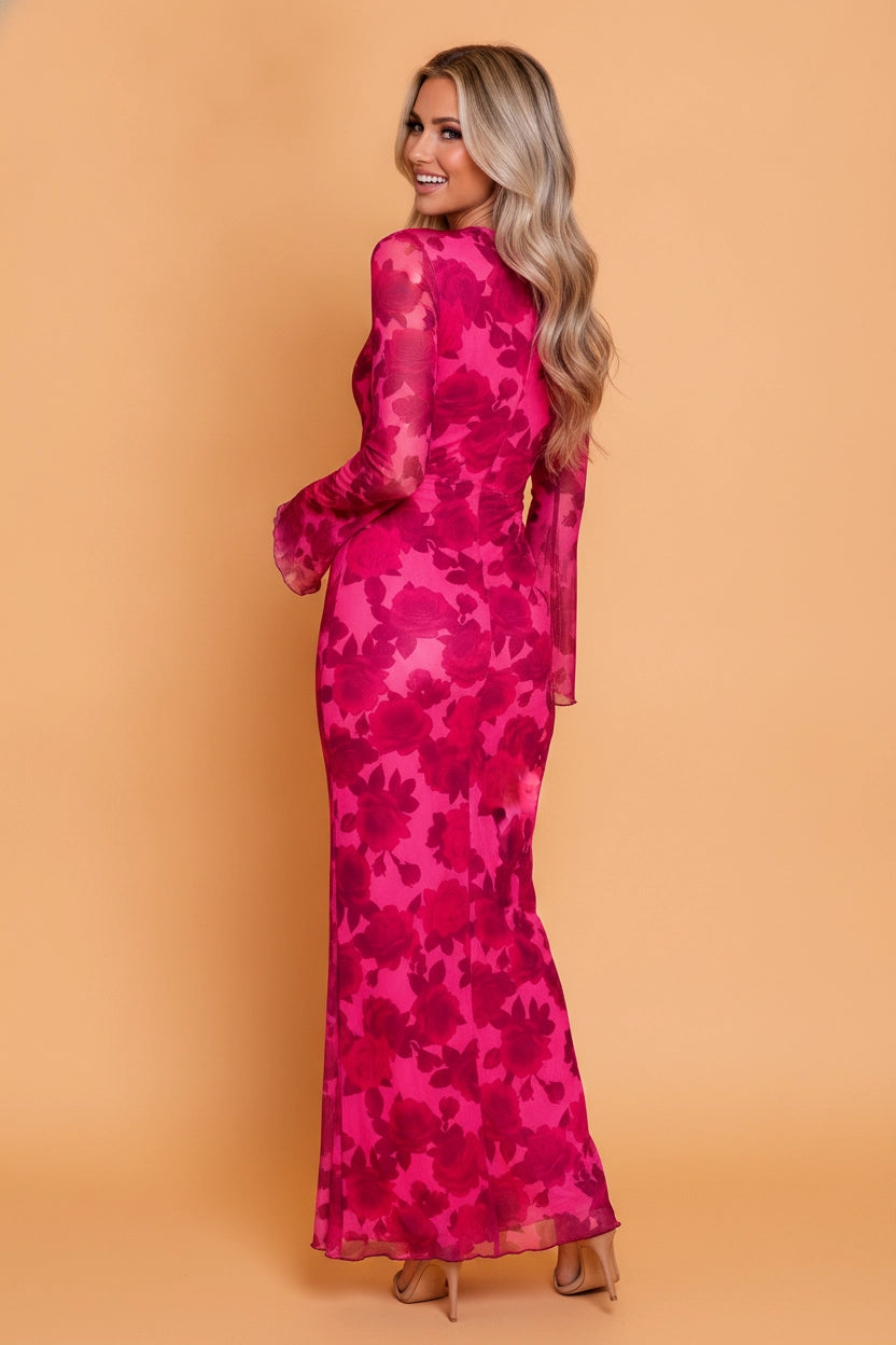 Red Floral Lettuce Trim Maxi