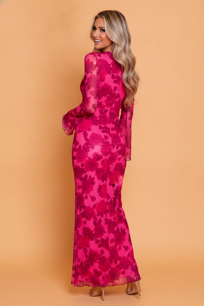 Red Floral Lettuce Trim Maxi