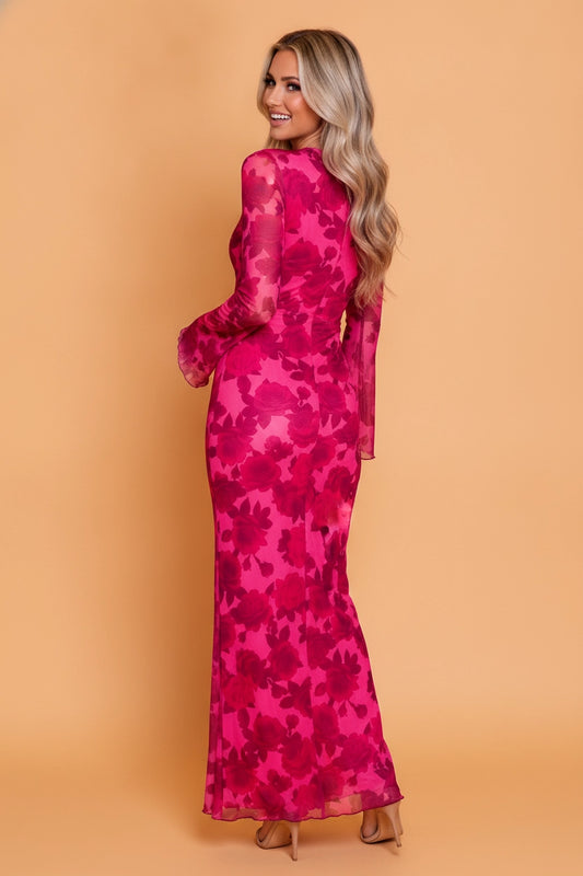 Red Floral Lettuce Trim Maxi