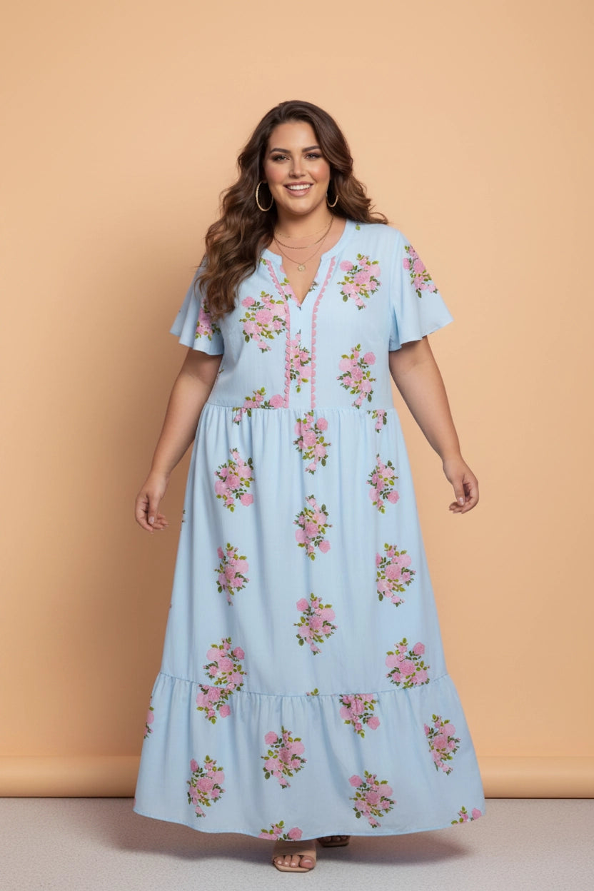 Light Blue Floral Maxi Dress - Curvy