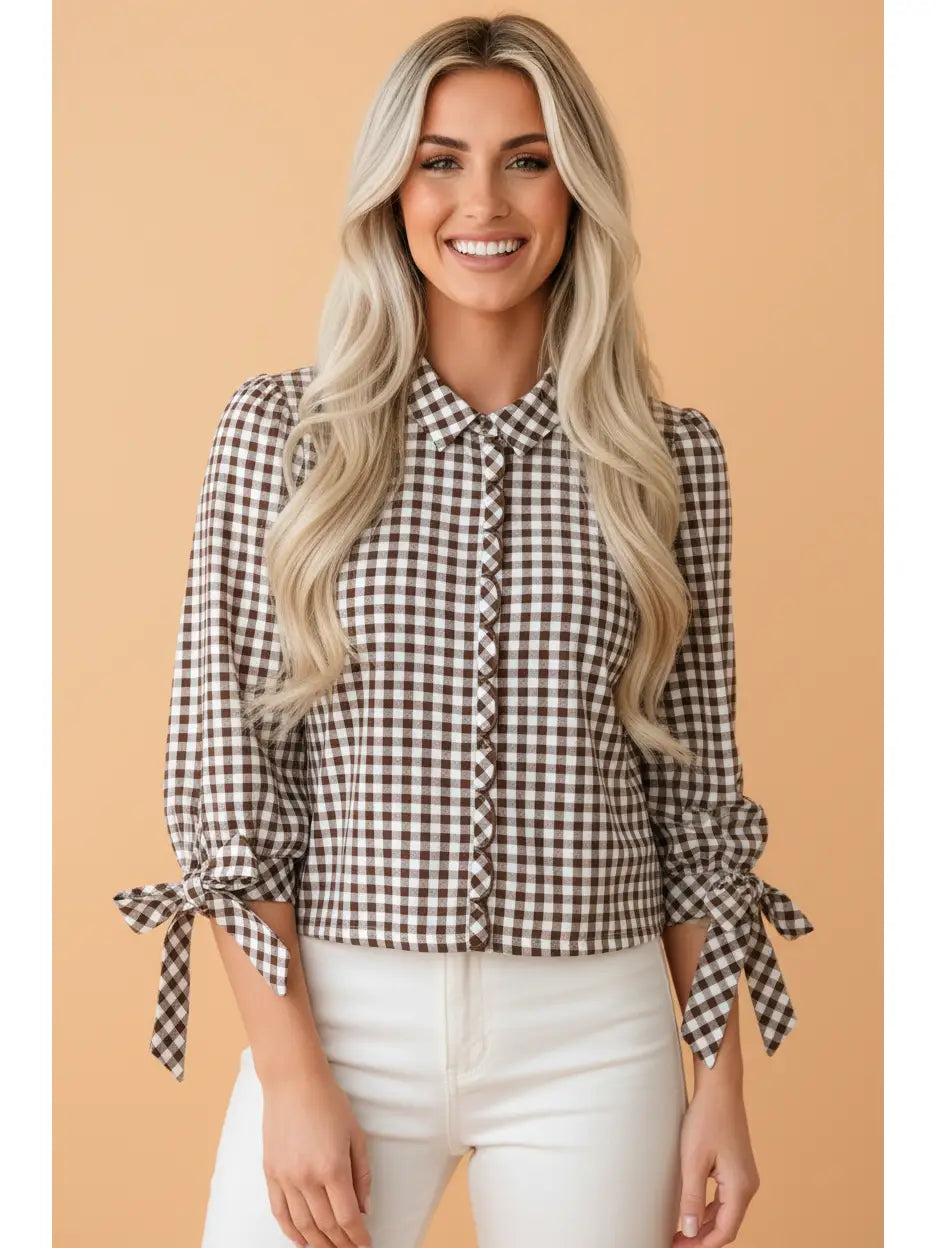 Brown Gingham Tie 3/4 Sleeve Shirt