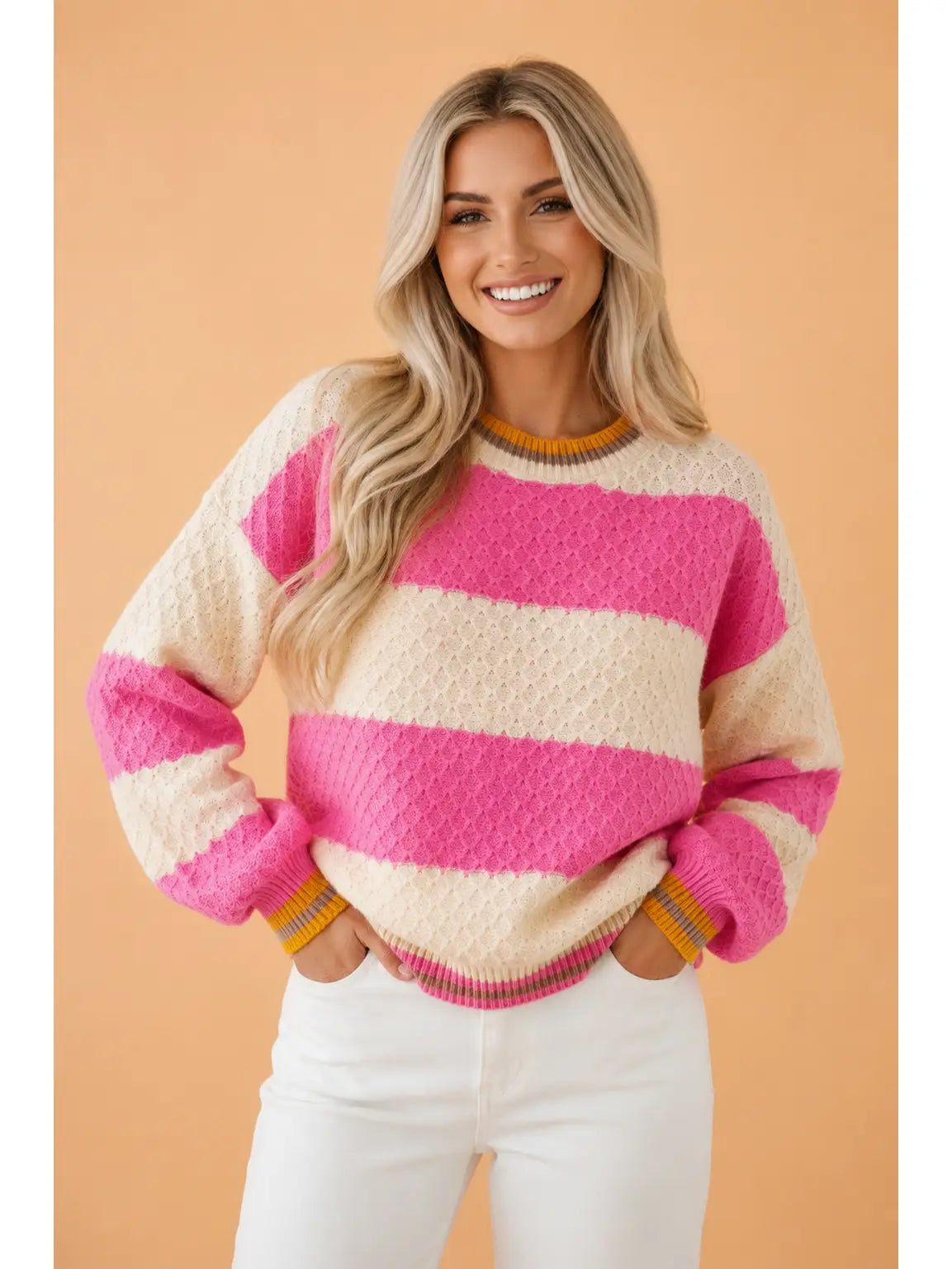 Pink Stripe Colorblock Drop Shoulder Sweater
