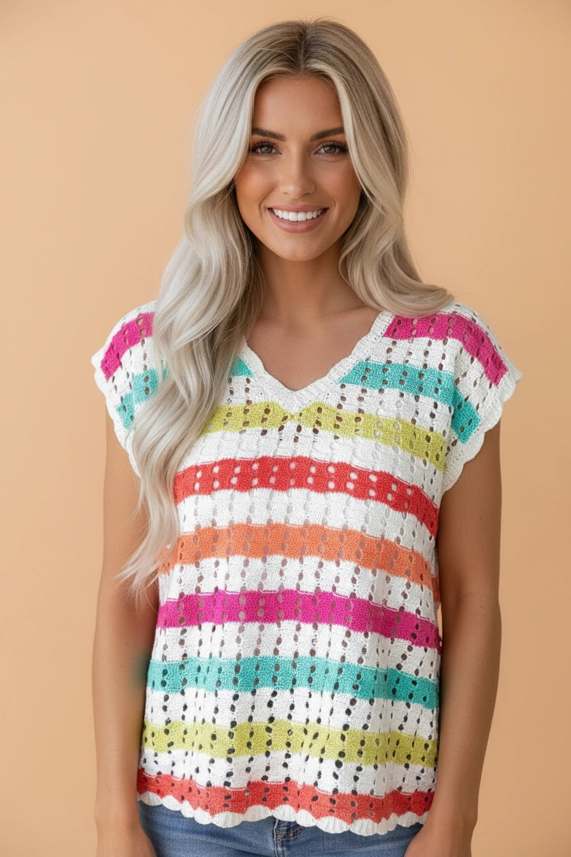 Eyelet Knit V-Neck Sweater Tee