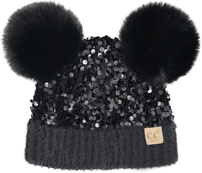 Infant Double Pom Chenille Cuff Sequin Beanie - Black
