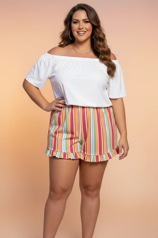 Multicolor Stripe Elastic Waist Shorts - Curvy