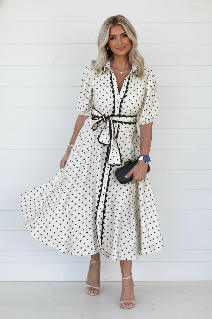 Black & White Scallop Trim Button Down Midi Dress