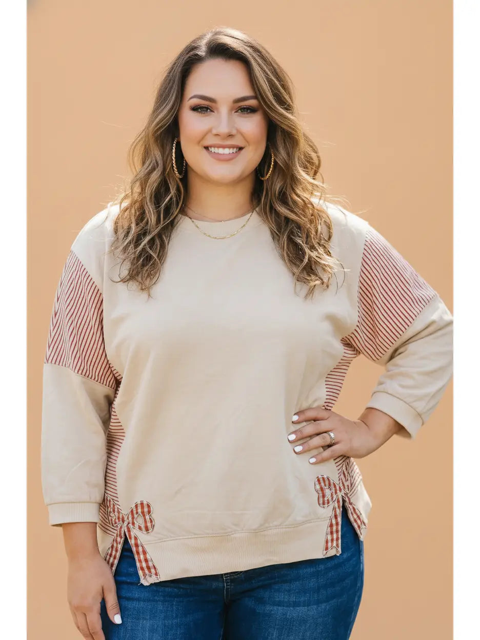 Stripe Gingham Bow 3/4 Sleeve Top - Curvy