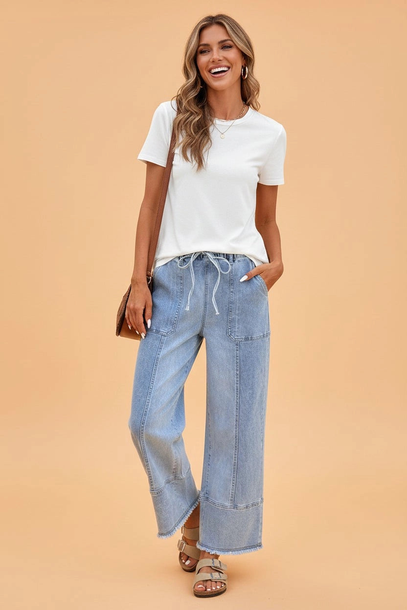 Beau Blue Denim Raw Hem Wide Leg Pants