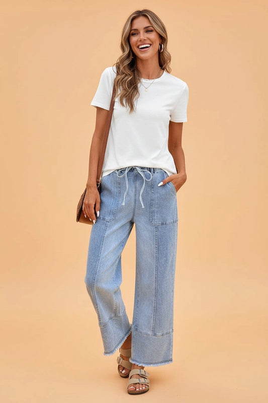 Beau Blue Denim Raw Hem Wide Leg Pants