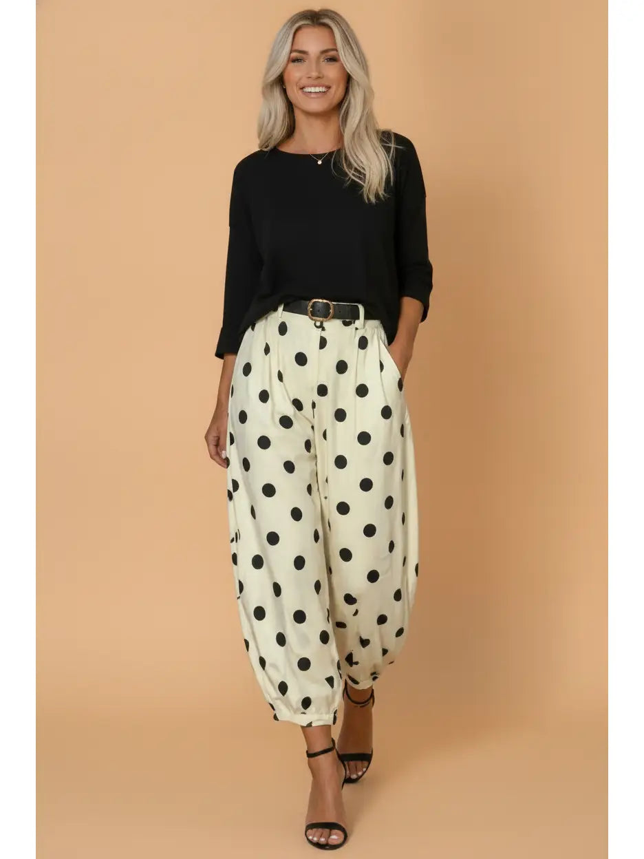 Black & White Polka Dot Pleated High Waist Harem Pants