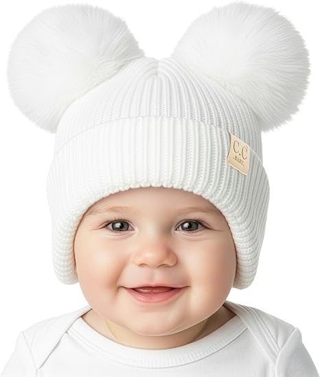 Infant Double Pom Faux Fur Earflap Beanie - Ivory