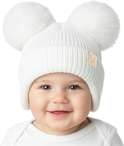 Infant Double Pom Faux Fur Earflap Beanie - Ivory