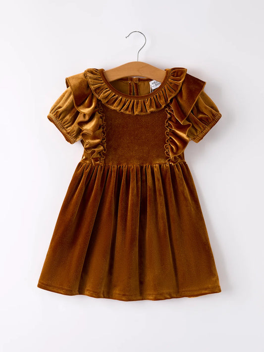Brown Velvet Ruffle Dress