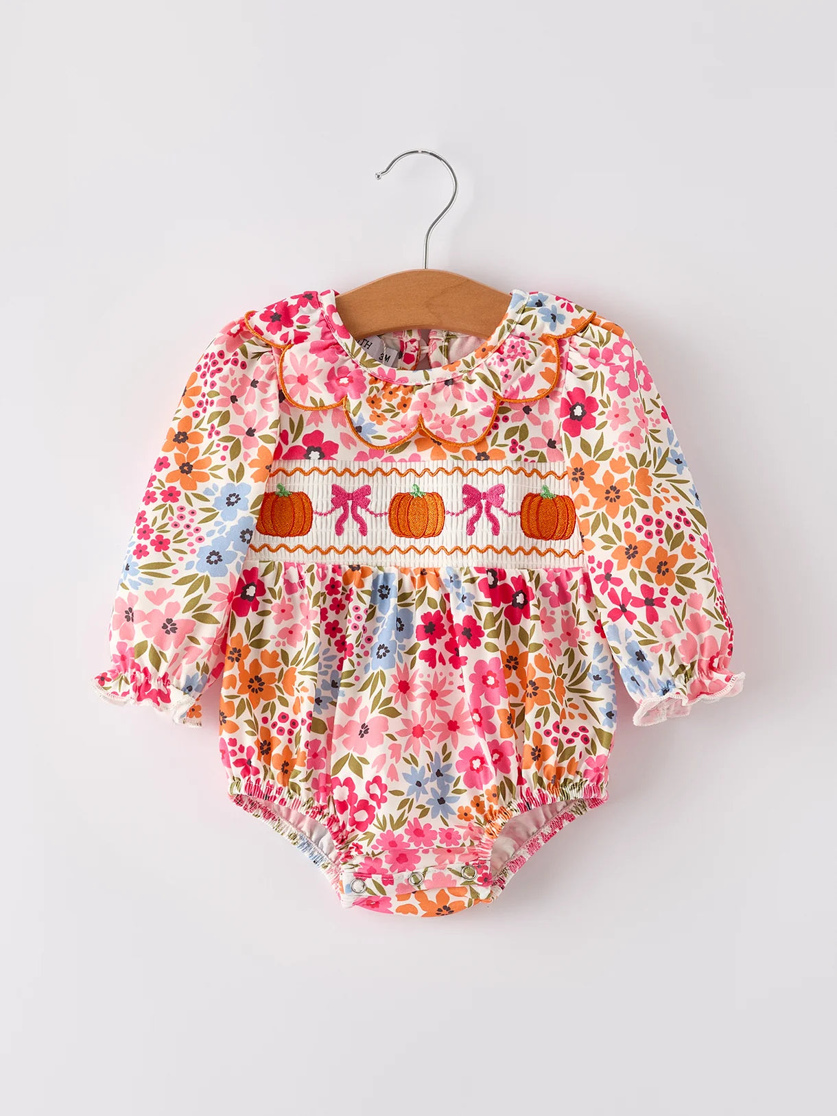 Pumpkin Bow Smock Embroidered Floral Romper