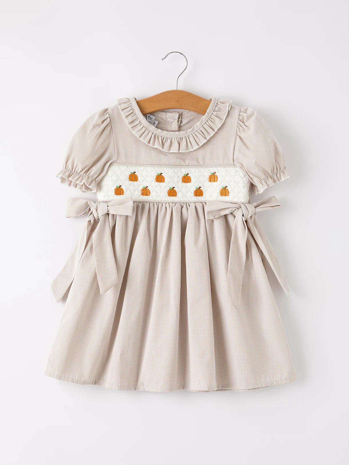 Beige Plaid Smocked Pumpkin Dress