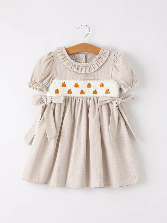 Beige Plaid Smocked Pumpkin Dress