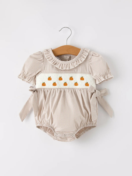 Beige Plaid Smocked Pumpkin Romper