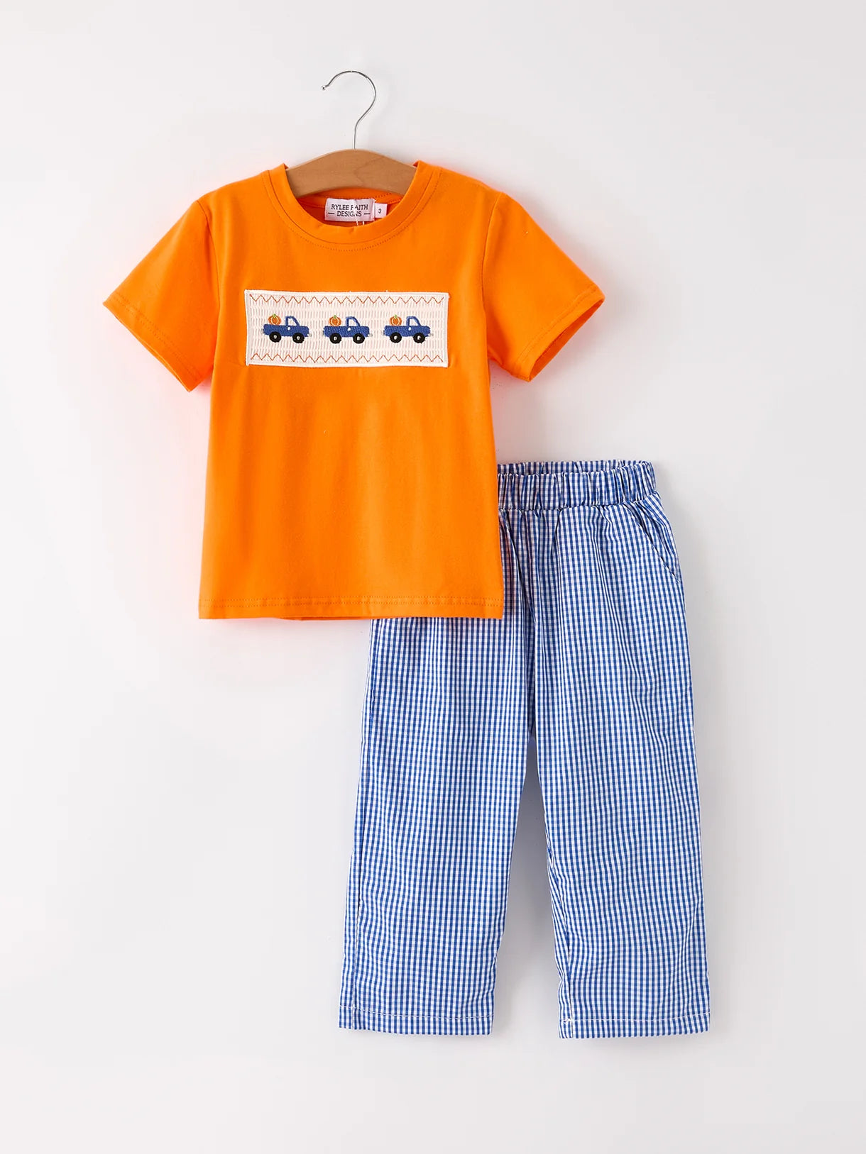 Blue Plaid Pumpkin Truck Smock Embroidered Set