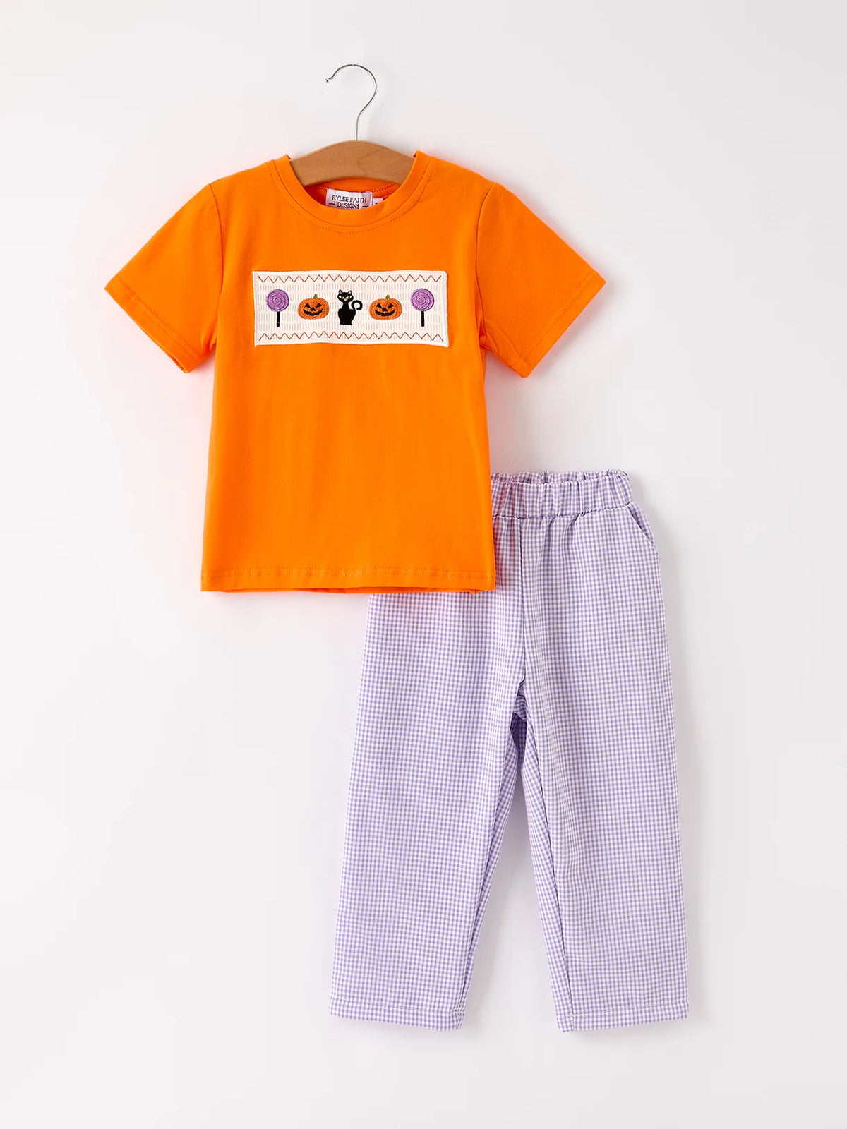 Black Cat Smocked Tee & Purple Gingham Pants