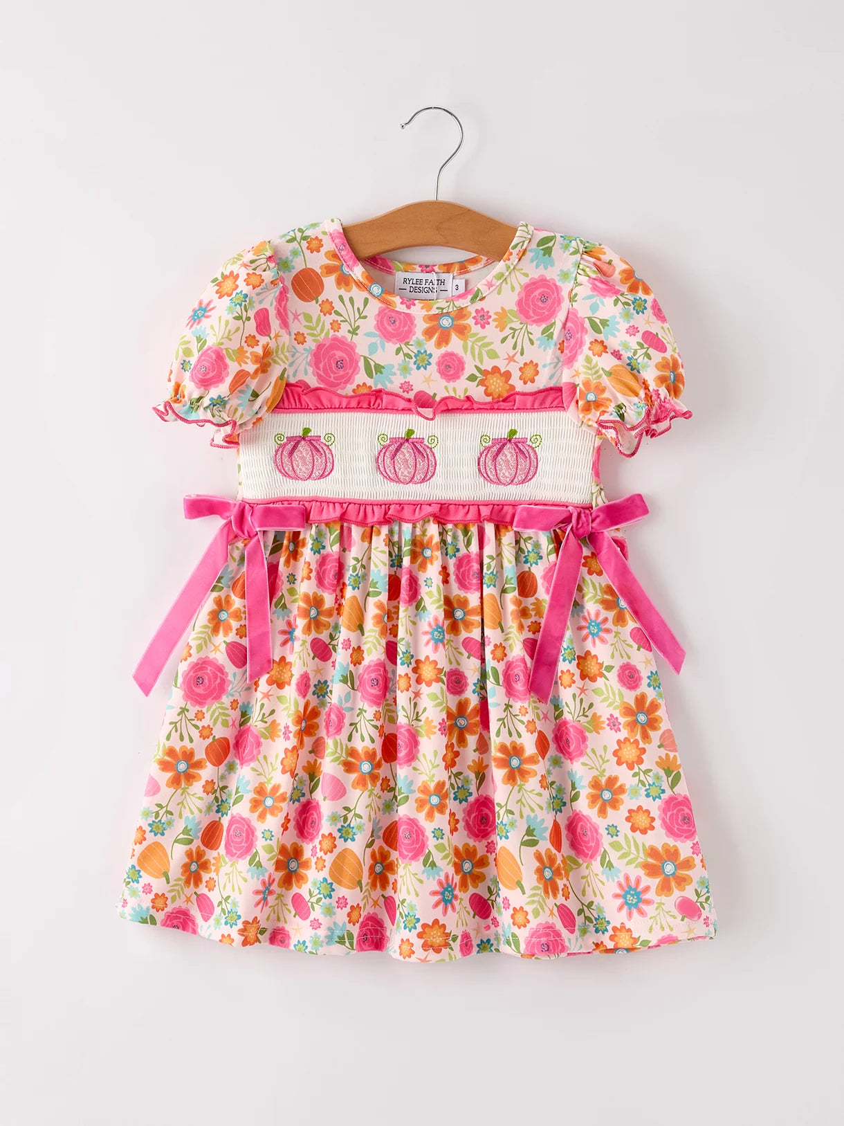 Pink Pumpkin Embroidery Smock Floral Dress