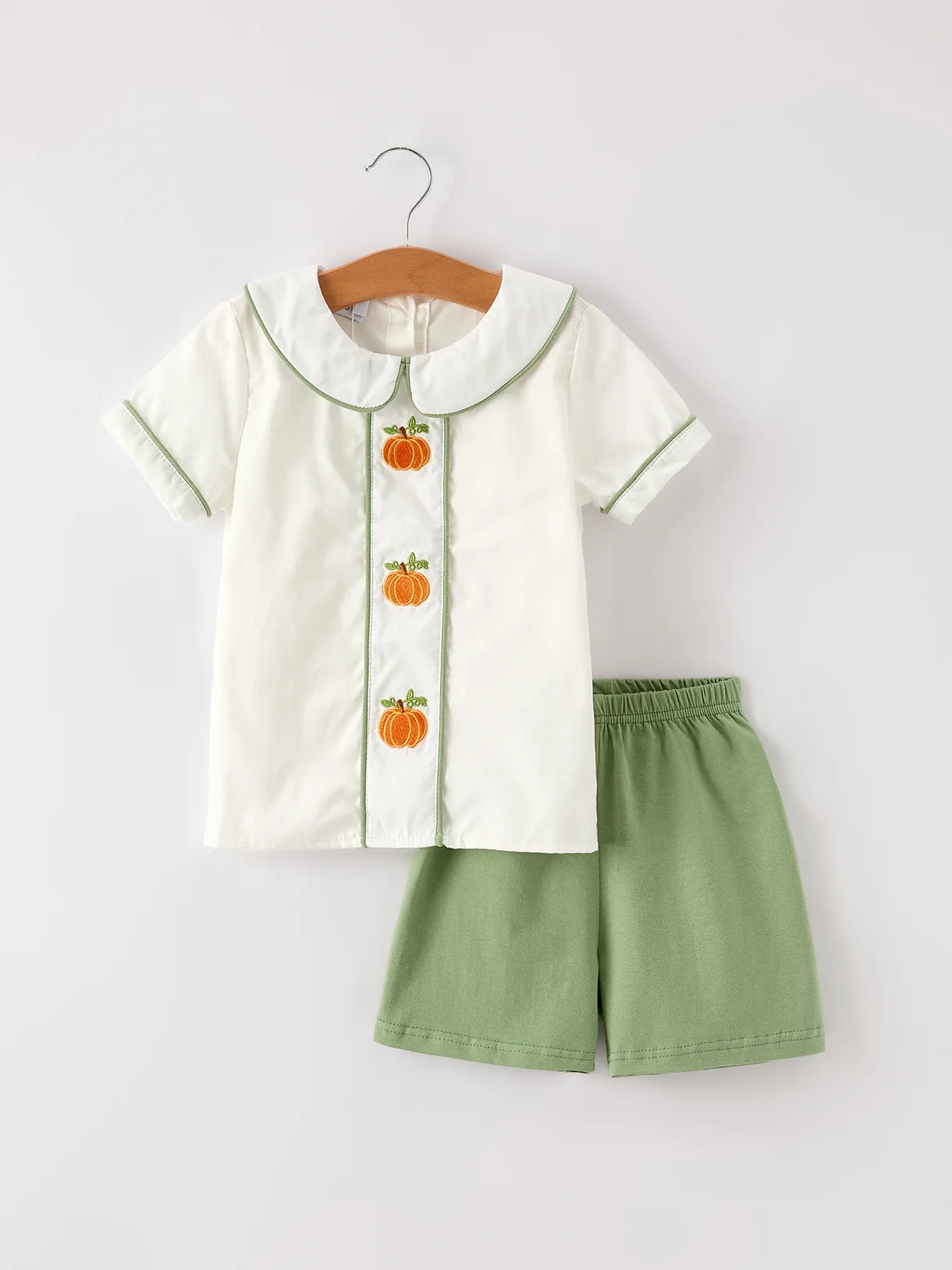 Green Shorts & Pumpkin Applique Collared Shirt
