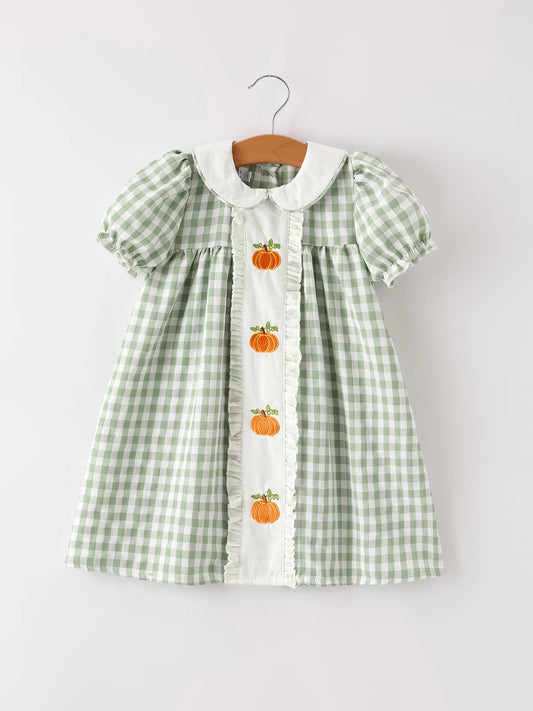 Green Gingham Pumpkin Applique Dress