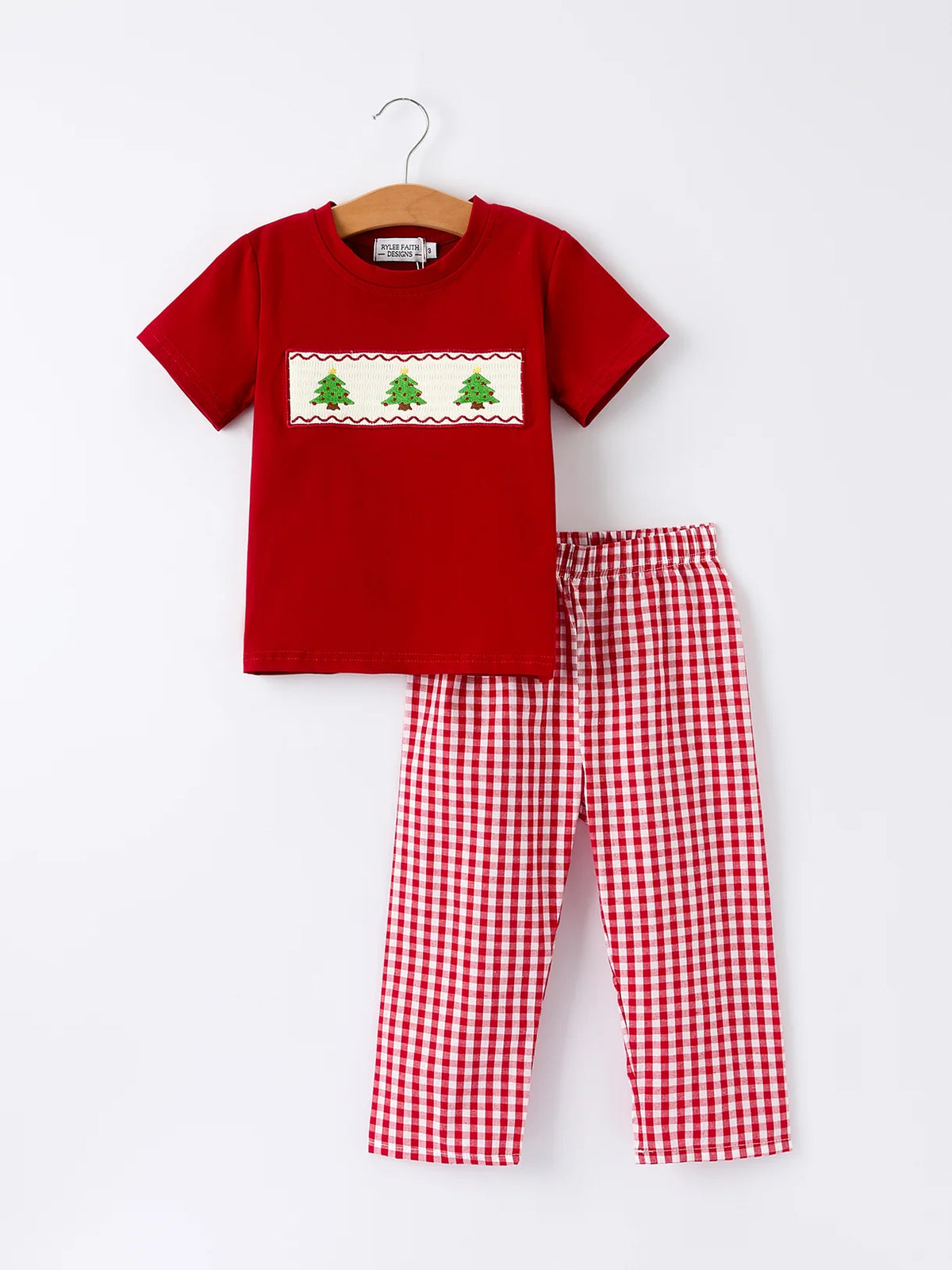 Red Gingham Trees Smocked Top & Pants