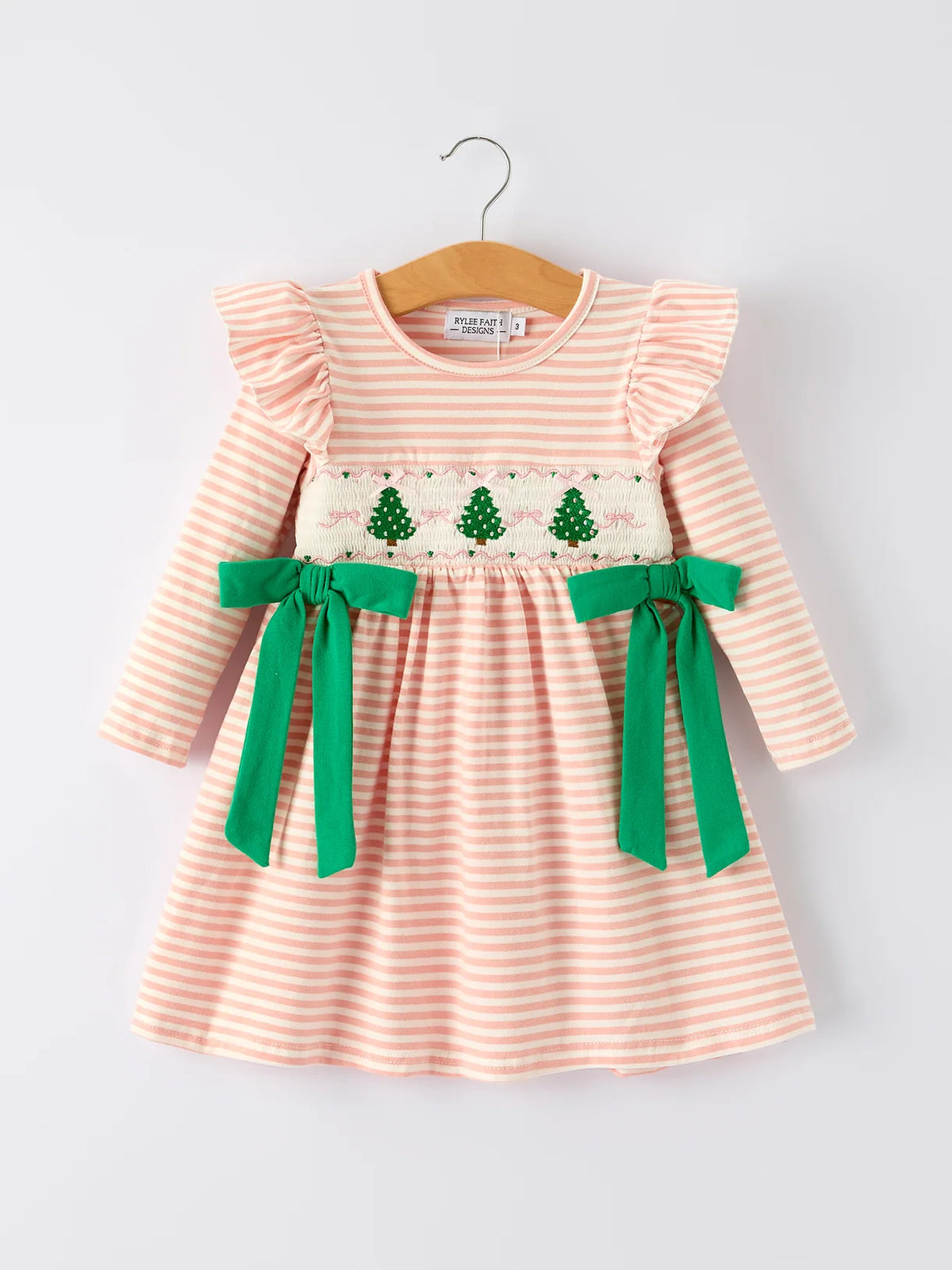 Pink Striped Christmas Tree Smocked Dress