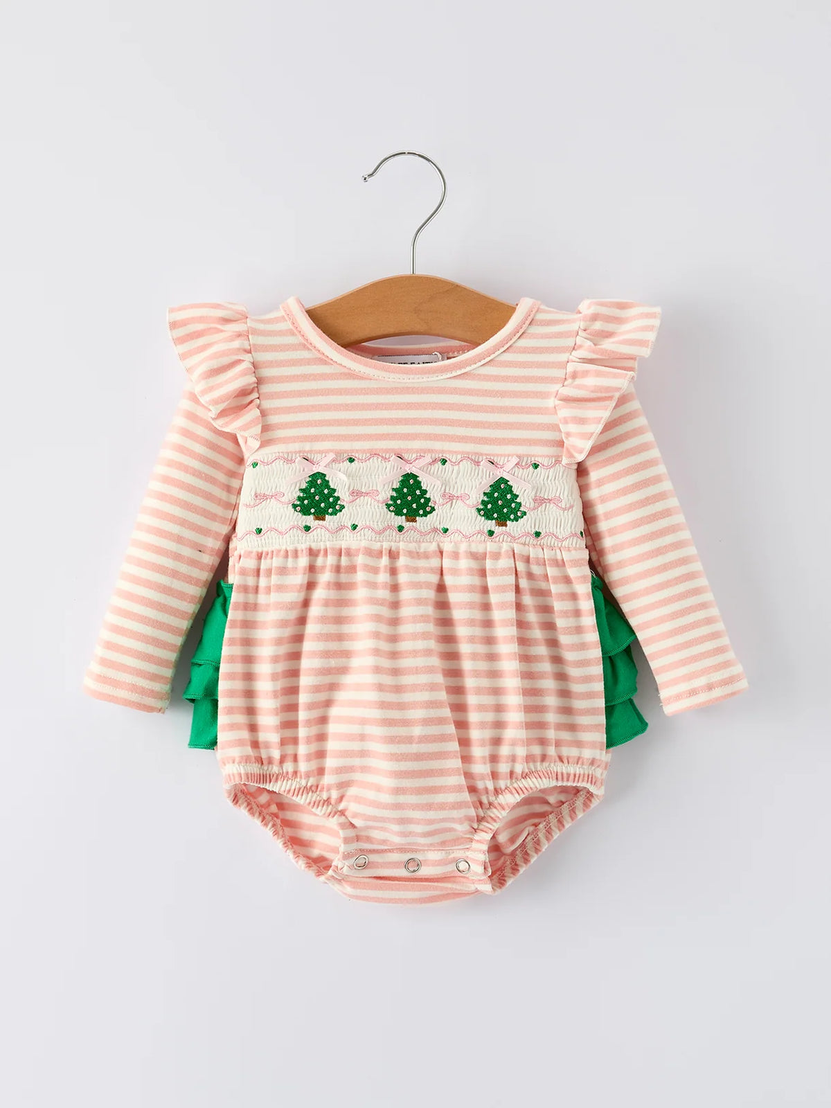 Pink Striped Christmas Tree Smocked Ruffle Romper