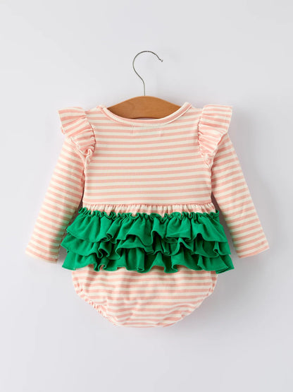 Pink Striped Christmas Tree Smocked Ruffle Romper