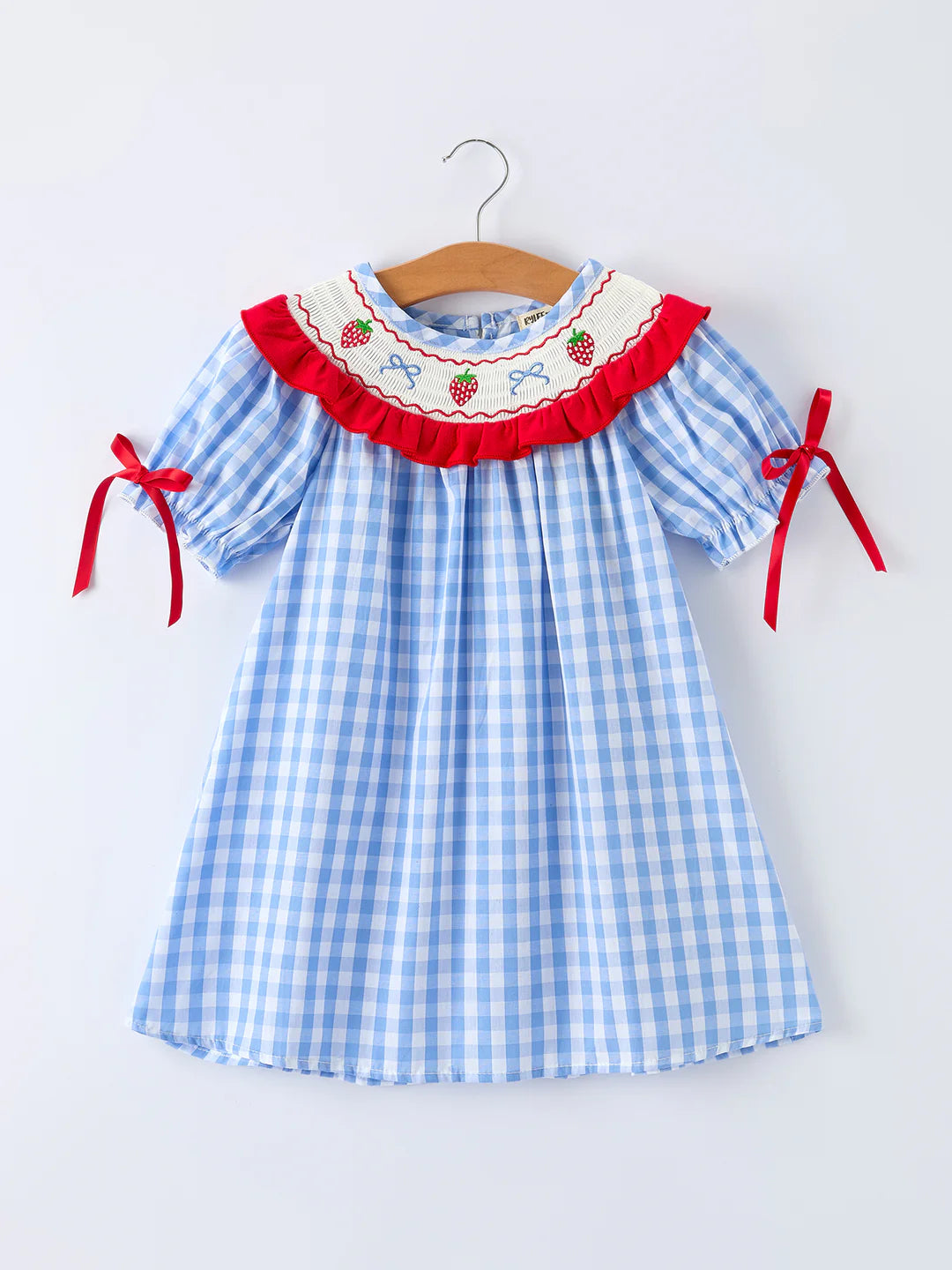 Blue Gingham Strawberry Smocked Dress