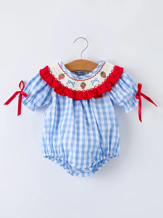 Blue Gingham Strawberry Smocked Romper