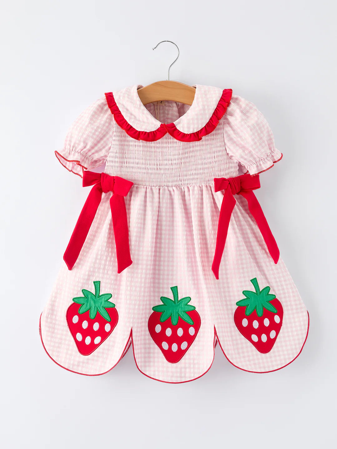 Pink Plaid Smocked Strawberry Appliqué Dress