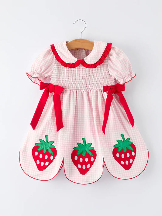 Pink Plaid Smocked Strawberry Appliqué Dress