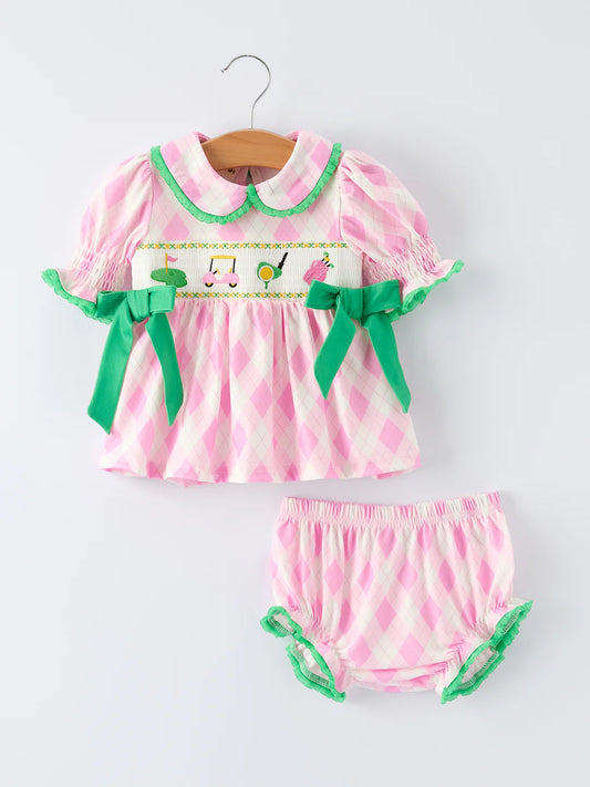 Golf Embroidered Smocked Bow Bloomer Set