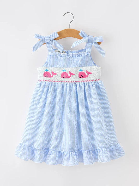 Whale Embroidered Smocked Dress